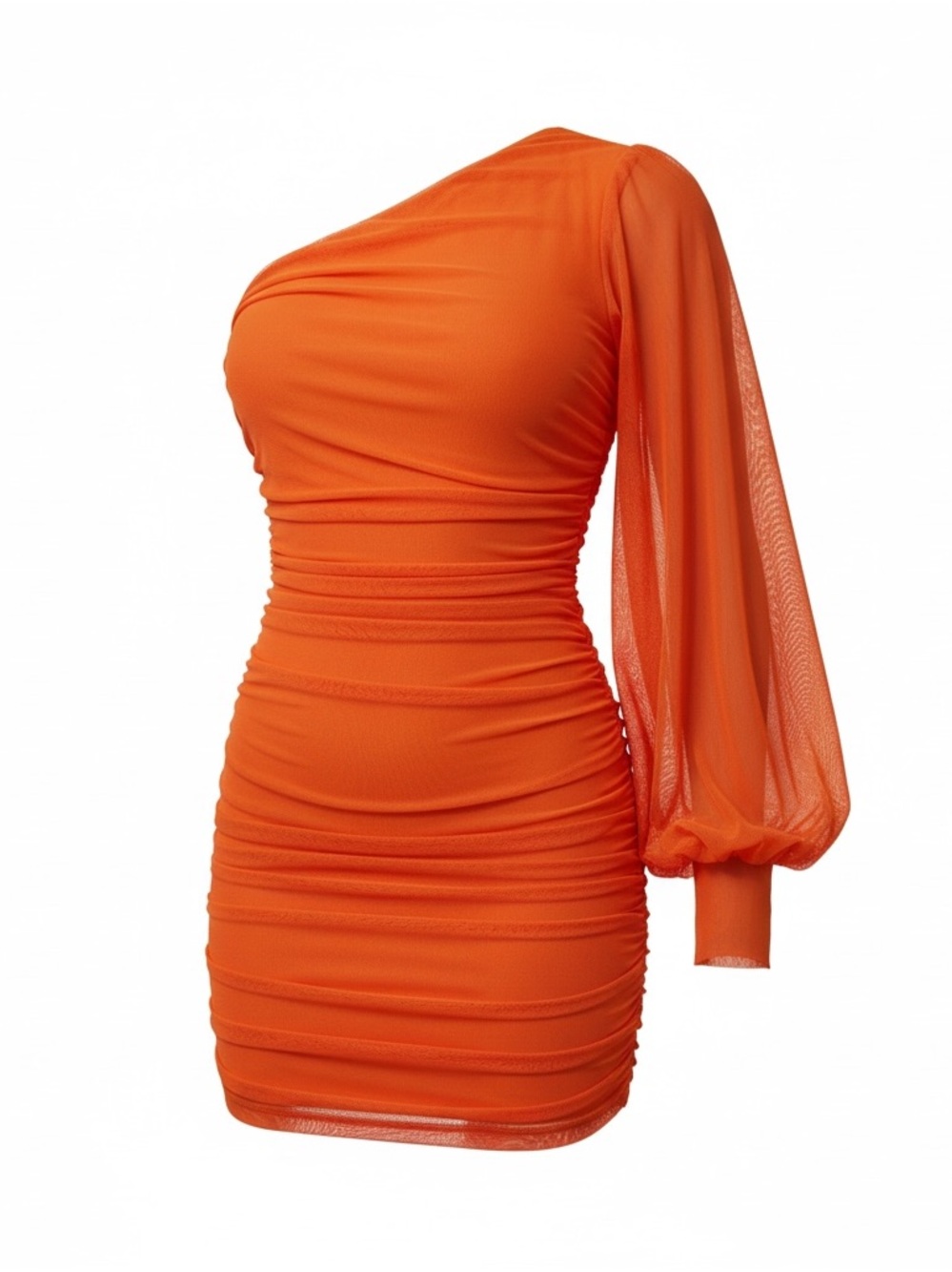 One-Shoulder Orange Ruched Bodycon Dress